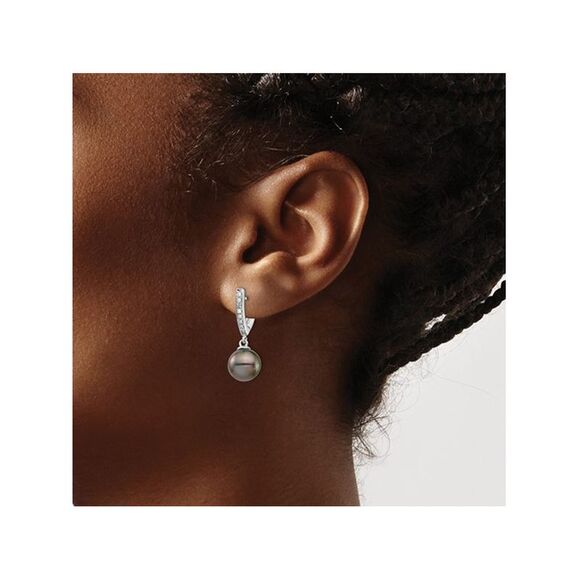 14K White Gold Black Saltwater Tahitian Dangle Pearl Earrings (9-10mm) - Picture 3 of 5